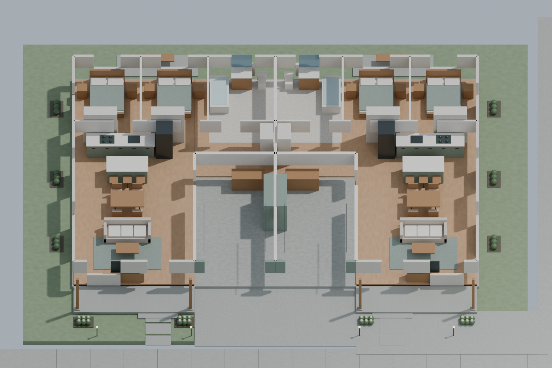 Blender cutaway showing the mirrored bedrooms, baths, open living areas and two central garages