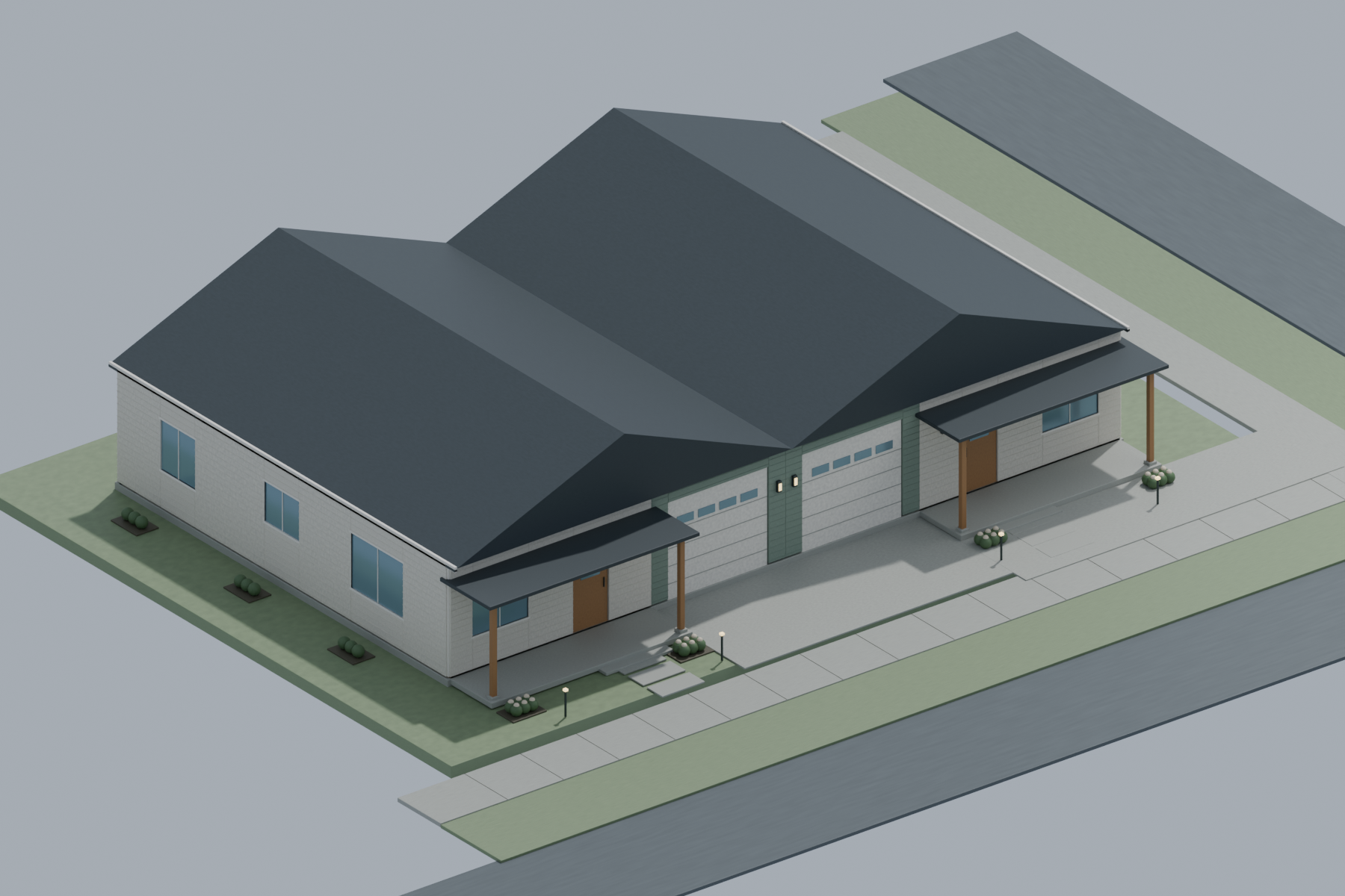 Blender architectural rendering of two one-story homes with paired central garages